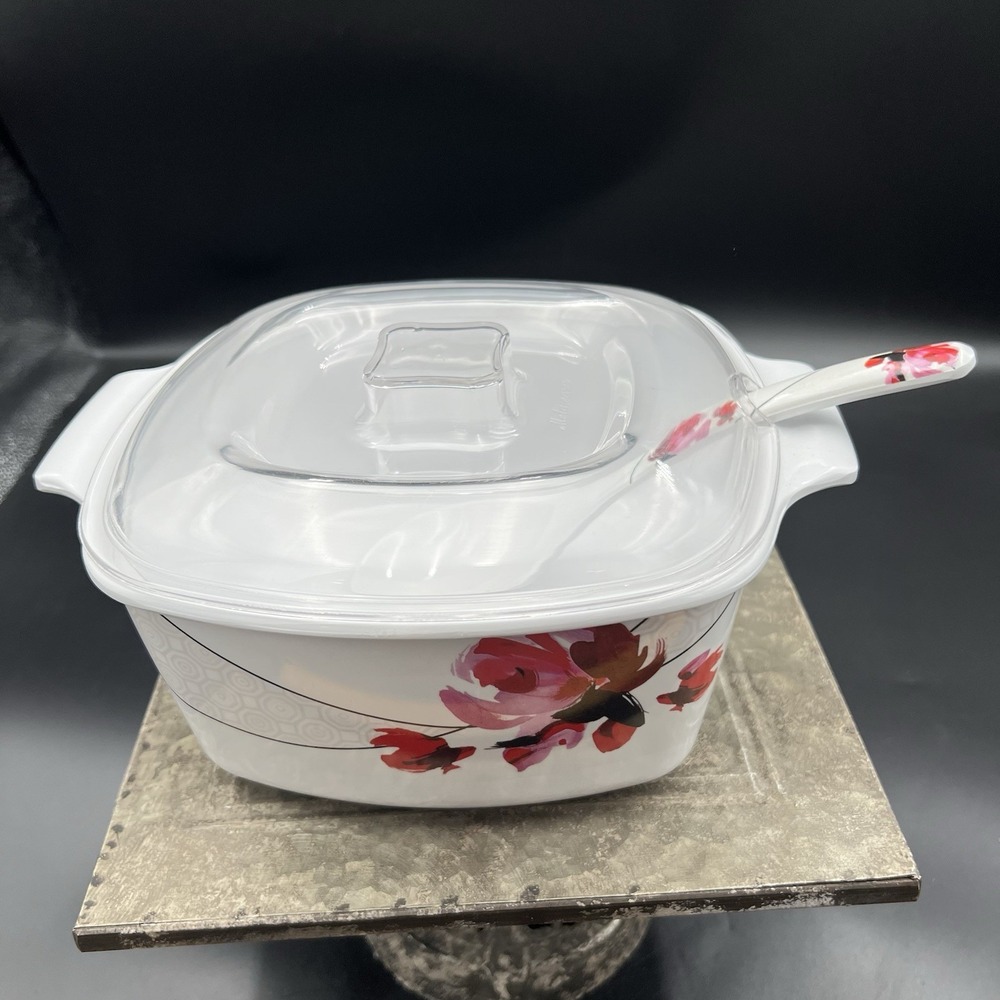 Set of 2 Melawares Pink Flora Casserole Dishes 8479 Square Melamine Cover Spoon